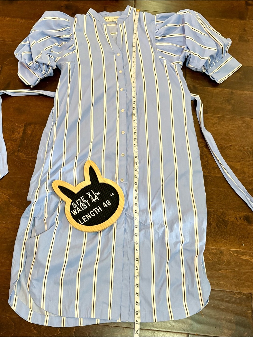 Striped Light Blue Button-Front Casual Dress with Puff Sleeves